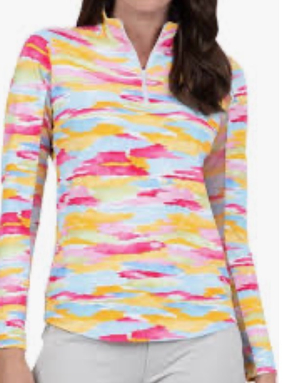 Ibkül 1/4 Zip Mesh Sleeve Mock Neck Top Watercolor Pattern Activewear UPF50 XXL